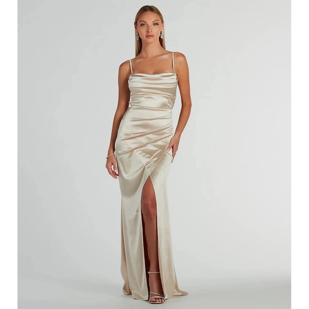 Windsor Champagne Satin Cowl Neck Maxi Dress Formal Gown XS P3620-N-DK HOCO